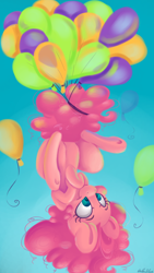 Size: 1080x1920 | Tagged: safe, artist:cutepencilcase, pinkie pie, earth pony, pony, balloon, cute, diapinkes, floating, gradient background, smiling, solo, then watch her balloons lift her up to the sky, underhoof, upside down