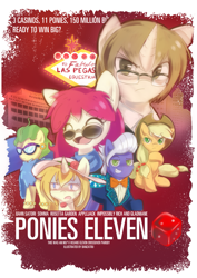 Size: 1447x2046 | Tagged: safe, artist:banzatou, applejack, fluttershy, gladmane, oc, oc:bahn satori, oc:rosetta garden, oc:sohma, earth pony, pegasus, pony, viva las pegasus, impossibly rich, movie poster, ocean's eleven, oceans eleven, parody