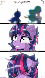 Size: 2000x3500 | Tagged: safe, artist:darkest-lunar-flower, princess celestia, princess luna, twilight sparkle, alicorn, pony, season 9, spoiler:s09, all might, cheek fluff, comic, crying, ear fluff, eye clipping through hair, eyebrows visible through hair, eyes closed, female, floppy ears, gritted teeth, izuku midoriya, looking up, mare, messy mane, my hero academia, outstretched hoof, raised hoof, sad, simple background, spoilers for another series, teary eyes, white background, you're next