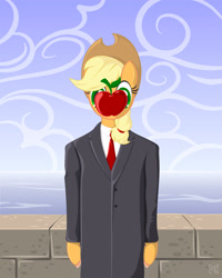 Size: 2400x3000 | Tagged: safe, artist:pal-j, applejack, anthro, earth pony, apple, arm hooves, clothes, female, fine art parody, food, mare, rené magritte, solo, suit, the son of man