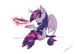 Size: 1500x1071 | Tagged: safe, artist:animeculture, derpibooru import, twilight sparkle, twilight sparkle (alicorn), alicorn, anthro, book, clothes, panty and stocking with garterbelt, socks, solo, striped socks