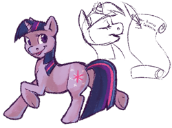 Size: 700x521 | Tagged: safe, artist:kaceymeg, derpibooru import, twilight sparkle, looking at you, looking back, open mouth, quill, raised hoof, raised leg, scroll, smiling, solo, underhoof