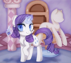 Size: 1600x1421 | Tagged: safe, artist:appleychu, artist:appleychuu, rarity, pony, unicorn, carousel boutique, cheek fluff, chest fluff, colored pupils, cute, ear fluff, female, heart eyes, leg fluff, looking at you, magic, mannequin, mare, needle, raribetes, solo, telekinesis, thread, wingding eyes