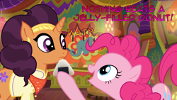 Size: 1366x768 | Tagged: safe, edit, edited screencap, screencap, pinkie pie, saffron masala, pony, spice up your life, 4kids, dialogue, food, jelly filled donut, manip, onigiri