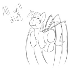 Size: 1280x1248 | Tagged: safe, artist:lil miss jay, derpibooru import, twilight sparkle, monster pony, original species, spider, spiderpony, derp, monochrome, sketch, solo