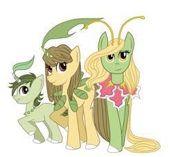 Size: 675x612 | Tagged: safe, artist:shiro-karasu, plant pony, pony, unicorn, bayleef, chikorita, female, mare, meganium, nintendo, pokémon, ponified, ponymon, simple background, trio, white background