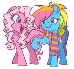 Size: 857x800 | Tagged: safe, artist:needsmoarg4, pinkie pie (g3), rainbow dash (g3), earth pony, pegasus, pony, g3, clothes, duo, duo female, female, g3 to g4, generation leap, mare, rainbow dash always dresses in style, scarf, simple background, white background