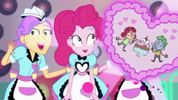 Size: 1366x768 | Tagged: safe, screencap, alizarin bubblegum, celery stalk, milkshake malt, pinkie pie, tip top, coinky-dink world, eqg summertime shorts, equestria girls, alizary, background human, food, ice cream, shipper on deck