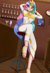 Size: 1257x1811 | Tagged: safe, artist:focusb, princess celestia, human, bar, clothes, dress, female, humanized, open mouth, sandals, sitting, solo, stool