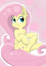 Size: 2456x3484 | Tagged: safe, artist:meowmavi, fluttershy, pegasus, pony, chest fluff, cute, ear fluff, folded wings, head turn, heart, looking at you, looking sideways, shyabetes, sitting, smiling, solo, wings