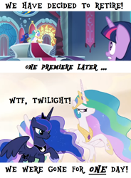 Size: 1044x1422 | Tagged: safe, edit, edited screencap, screencap, princess celestia, princess luna, twilight sparkle, twilight sparkle (alicorn), alicorn, pony, season 9, spoiler:s09, comic, cropped, female, implied king sombra, mare, meme, screencap comic, text, vulgar, you had one job