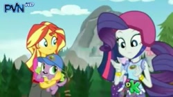 Size: 426x240 | Tagged: safe, screencap, applejack, rarity, spike, spike the regular dog, dog, equestria girls, legend of everfree, discovery kids