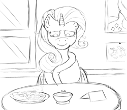 Size: 1089x951 | Tagged: safe, artist:anonymous, artist:happyartfag, rarity, pony, unicorn, /mlp/, 4chan, bacon, bacon and eggs, bathrobe, clothes, drawthread, egg (food), food, implied sweetie belle, monochrome, note, robe, solo, tea, teary eyes