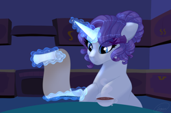 Size: 3000x1976 | Tagged: safe, artist:gigason, rarity, pony, unicorn, cup, magic, scroll, solo, teacup