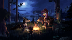 Size: 1920x1080 | Tagged: safe, artist:discordthege, fluttershy, deer, pegasus, pony, archer, bonfire, clothes, commission, forest, full moon, medieval, moon, night, open mouth, river, scenery, signature, sitting, tree