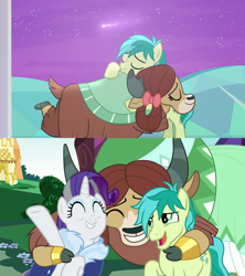 Size: 1280x1440 | Tagged: safe, screencap, rarity, sandbar, yona, earth pony, pony, unicorn, yak, she's all yak, the last problem, best friends, bow, carousel boutique, cloven hooves, female, friendship, hair bow, hearts and hooves day, holiday, hug, implied shipping, implied yonabar, male, mare, monkey swings, older, older rarity, older sandbar, older yona, shooting star, stallion, the magic of friendship grows, then and now, treehouse of harmony, valentine's day