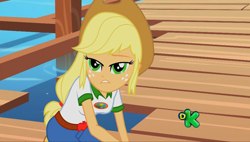 Size: 1920x1090 | Tagged: safe, screencap, applejack, equestria girls, legend of everfree, applejack's hat, applerack, breasts, camp everfree outfits, clothes, cowboy hat, discovery kids, female, freckles, frown, hat, lidded eyes, shirt, solo