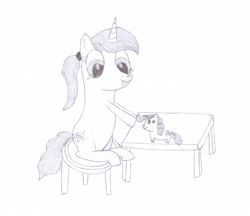 Size: 2048x1767 | Tagged: safe, artist:ragmo, pinkie pie, oc, pony, unicorn, atg 2017, chair, female, monochrome, newbie artist training grounds, sitting, table, tongue out, traditional art