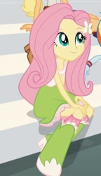 Size: 243x422 | Tagged: safe, screencap, fluttershy, equestria girls, rainbow rocks, boots, clothes, cropped, cute, female, hairpin, offscreen character, shoes, shyabetes, sitting, skirt, smiling