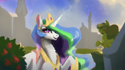 Size: 1920x1080 | Tagged: safe, artist:hierozaki, princess celestia, alicorn, pony, chest fluff, cloud, crown, cute, cutelestia, female, hoof shoes, jewelry, mare, open mouth, regalia, sky, solo