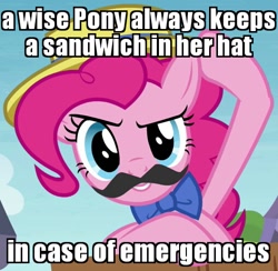 Size: 509x496 | Tagged: safe, edit, edited screencap, screencap, pinkie pie, pony, trade ya, bowtie, fake moustache, hat, image macro, meme, outfit catalog, paddington, paddington bear, solo