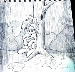 Size: 762x727 | Tagged: safe, artist:passigcamel, fluttershy, bird, pegasus, pony, female, mare, nest, puddle, rain, sketch, smiling, traditional art, tree