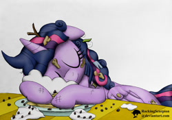 Size: 1000x701 | Tagged: safe, artist:rockingscorpion, derpibooru import, twilight sparkle, twilight sparkle (alicorn), alicorn, pony, castle sweet castle, female, i'm pancake, mare, messy mane, pancakes, scene interpretation, sleeping