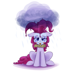 Size: 2000x2000 | Tagged: safe, artist:heir-of-rick, pinkie pie, earth pony, pony, alternate hairstyle, cloud, clown, clown makeup, colored sketch, face paint, female, floppy ears, mare, rain, raincloud, ruff (clothing), simple background, sitting, solo, tongue out, white background