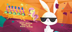 Size: 1296x583 | Tagged: safe, screencap, angel bunny, fluttershy, bird, pony, my little pony: the movie, confetti, credits, crossed arms, deal with it, pointy ponies, sunglasses, swag