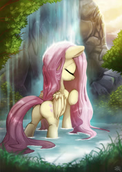 Size: 1400x1980 | Tagged: safe, artist:fidzfox, fluttershy, pegasus, pony, beautiful, butt, calm, cute, eyes closed, female, flutterbutt, grass, mare, outdoors, plot, pond, rear view, scenery, solo, water, waterfall, waterfall shower, wet mane