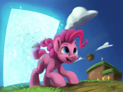 Size: 1790x1329 | Tagged: safe, artist:insanerobocat, pinkie pie, cockatrice, earth pony, pony, coin, cute, diapinkes, female, happy, mare, portal, smiling, solo, video game