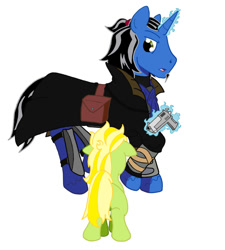 Size: 900x998 | Tagged: safe, artist:irkengeneral, oc, oc only, earth pony, pony, unicorn, fallout equestria, clothes, duo, female, filly, handgun, male, simple background, stallion, weapon, white background