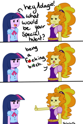 Size: 900x1350 | Tagged: safe, artist:tralalayla, derpibooru import, adagio dazzle, spike, twilight sparkle, dog, equestria girls, rainbow rocks, :t, apple, comic, dialogue, fuck you, middle finger, simple background, spike the dog, vulgar, white background