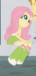 Size: 209x441 | Tagged: safe, screencap, fluttershy, equestria girls, rainbow rocks, boots, clothes, cropped, cute, female, hairpin, offscreen character, shoes, shyabetes, sitting, skirt, solo, wristband