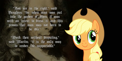 Size: 2000x1000 | Tagged: safe, applejack, earth pony, pony, candide, quote, vector, voltaire