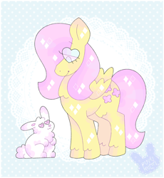 Size: 1280x1390 | Tagged: safe, artist:pupukultti, angel bunny, fluttershy, pegasus, pony, rabbit, abstract background, angelbetes, cute, female, heart eyes, lace, mare, shyabetes, sparkles, stylized, wingding eyes