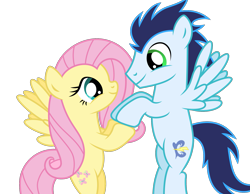 Size: 1895x1468 | Tagged: safe, artist:meandmyideas, fluttershy, soarin', pegasus, pony, crack shipping, cute, female, flying, holding hooves, looking at each other, male, mare, shipping, simple background, smiling, soarinshy, stallion, straight, transparent background, vector