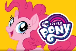 Size: 878x586 | Tagged: safe, pinkie pie, earth pony, pony, female, mare, my little pony logo, pink coat, pink mane, solo