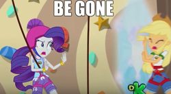 Size: 675x369 | Tagged: safe, edit, edited screencap, screencap, applejack, rarity, equestria girls, legend of everfree, discovery kids, force field, impact font, text edit