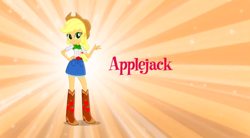 Size: 1324x730 | Tagged: safe, applejack, equestria girls, boots, clothes, cowboy boots, cowboy hat, hand on hip, hat, looking at you, music video, orange background, simple background, skirt, solo, sparkles