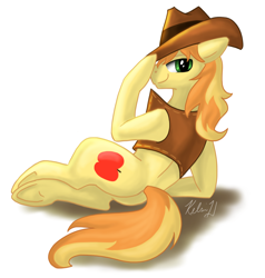 Size: 2000x2097 | Tagged: safe, artist:viperviolist, braeburn, earth pony, pony, cowboy hat, hat, high res, looking at you, looking back, looking back at you, male, on side, signature, simple background, smiling, smirk, solo, stallion, underhoof, white background