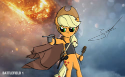 Size: 1742x1080 | Tagged: safe, artist:derpyjoel, applejack, earth pony, pony, battlefield, battlefield 1, bipedal, crossover, gun, handgun, pistol, solo, war, weapon