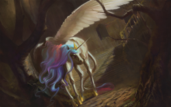 Size: 1920x1206 | Tagged: safe, artist:bra1neater, princess celestia, alicorn, classical unicorn, pony, ethereal mane, everfree forest, female, fine art emulation, hoers, leonine tail, mare, realistic anatomy, solo, spread wings, stairs, wings