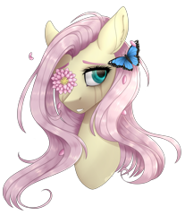 Size: 1497x1805 | Tagged: safe, artist:ohhoneybee, fluttershy, butterfly, pegasus, pony, bust, crying, flower, portrait, simple background, solo, transparent background