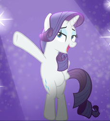 Size: 855x938 | Tagged: safe, screencap, rarity, pony, unicorn, fake it 'til you make it, bipedal, cropped, female, hoof on hip, lidded eyes, mare, open mouth, pose, solo