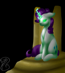 Size: 971x1100 | Tagged: safe, artist:fixielle, rarity, pony, unicorn, black background, cutie mark, female, floppy ears, glowing eyes, glowing horn, horn, inspirarity, mare, open collaboration, possessed, queen, queen rarity, simple background, sitting, solo, throne