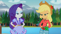 Size: 1280x720 | Tagged: safe, screencap, applejack, rarity, equestria girls, legend of everfree, camp fashion show outfit, discovery kids, smugity