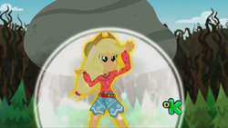 Size: 1280x720 | Tagged: safe, screencap, applejack, equestria girls, legend of everfree, boulder, camp fashion show outfit, discovery kids, solo