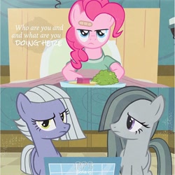 Size: 640x640 | Tagged: safe, edit, edited screencap, screencap, limestone pie, marble pie, pinkie pie, earth pony, pony, read it and weep, amnesia, battlecloud, board game, female, hospital gown, mare, pie sisters, siblings, sisters