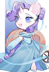 Size: 692x1024 | Tagged: safe, artist:kura, rarity, pony, unicorn, alternate hairstyle, bipedal, carriage, cinderella, clothes, cosplay, costume, crossover, cute, dress, ear piercing, female, gloves, long gloves, mare, no pupils, open mouth, piercing, princess, pumpkin, raribetes, solo